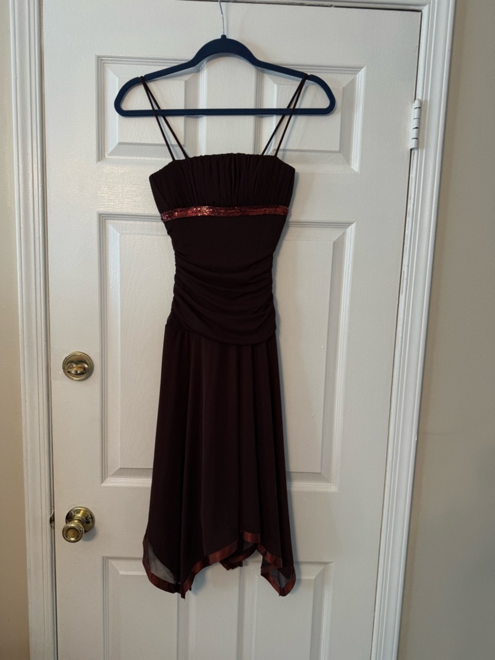Spaghetti Strap Chocolate Brown Evening Dress with Sequin Waist Y2K/2000s Style